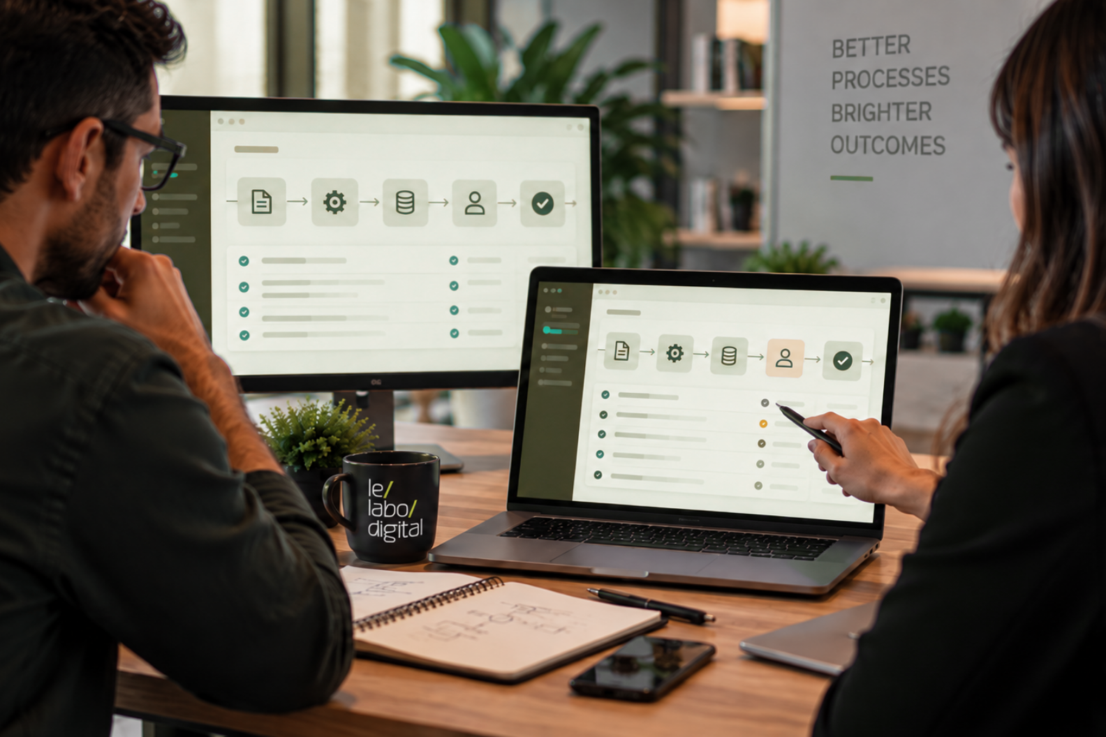 An operations manager and an IT lead compare AI workflow results before and after a change.