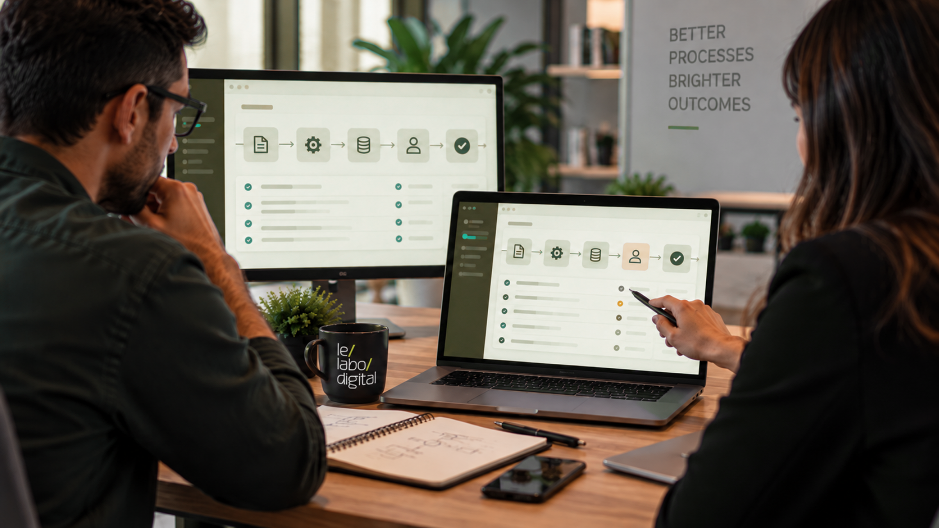 An operations manager and an IT lead compare AI workflow results before and after a change.